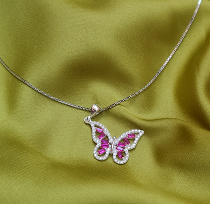 Butterfly 925 Italian Silver Necklace - Fushia