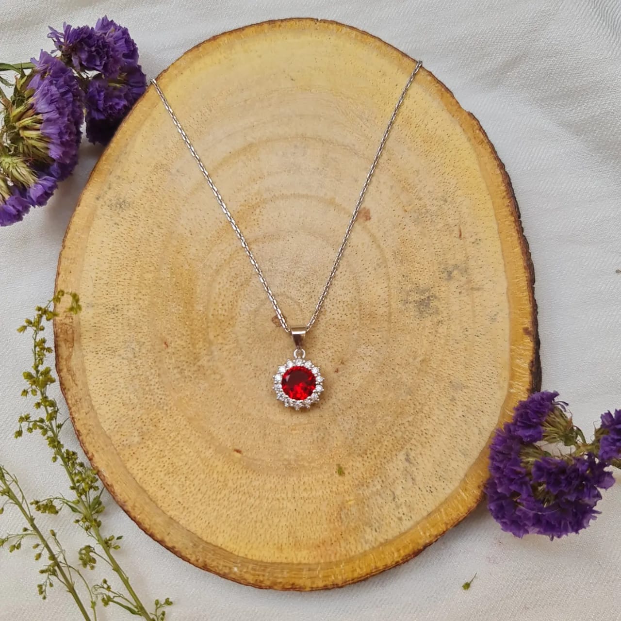 Red Zircon Stone 925 Italian Silver Necklace