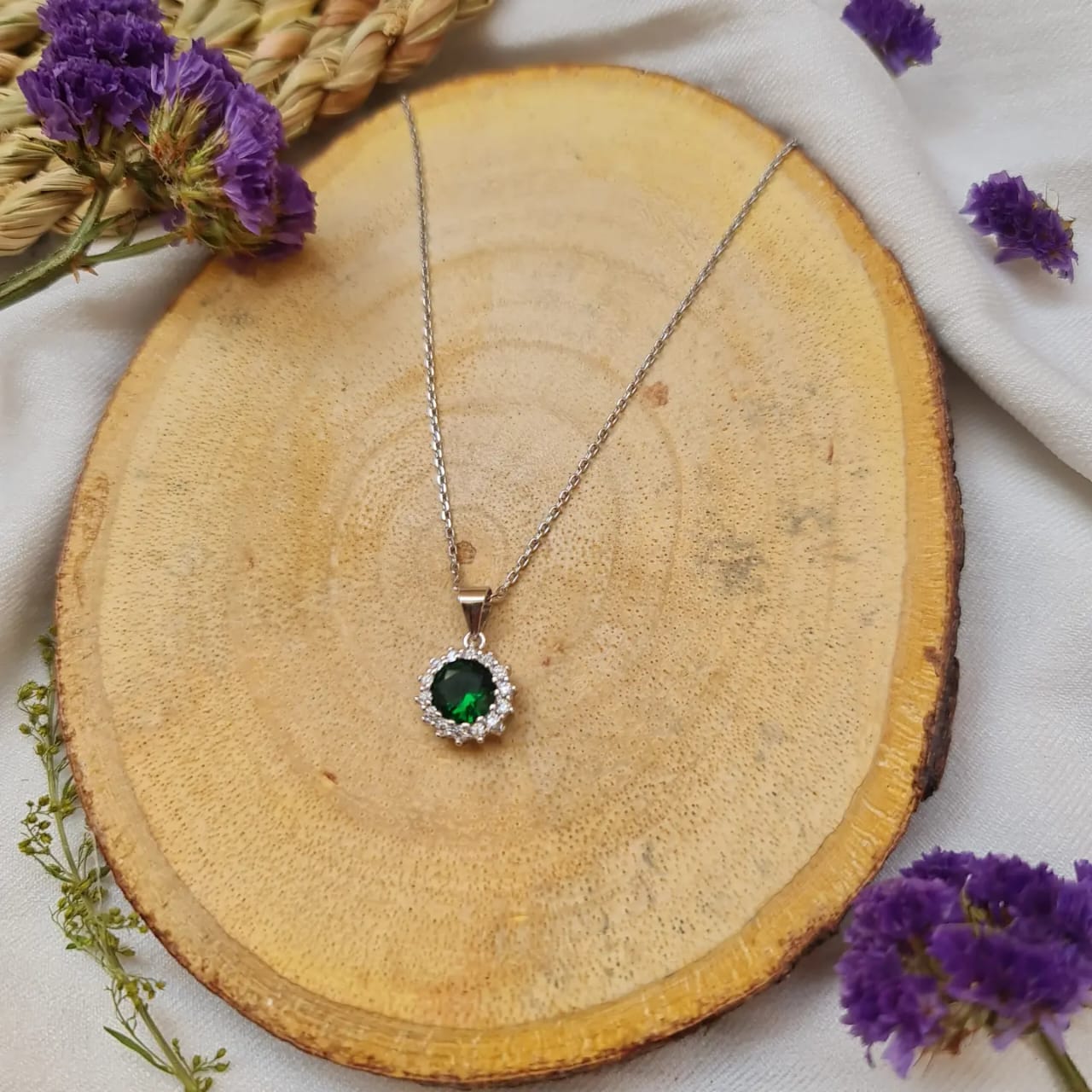 Green Zircon Stone 925 Italian Silver Necklace