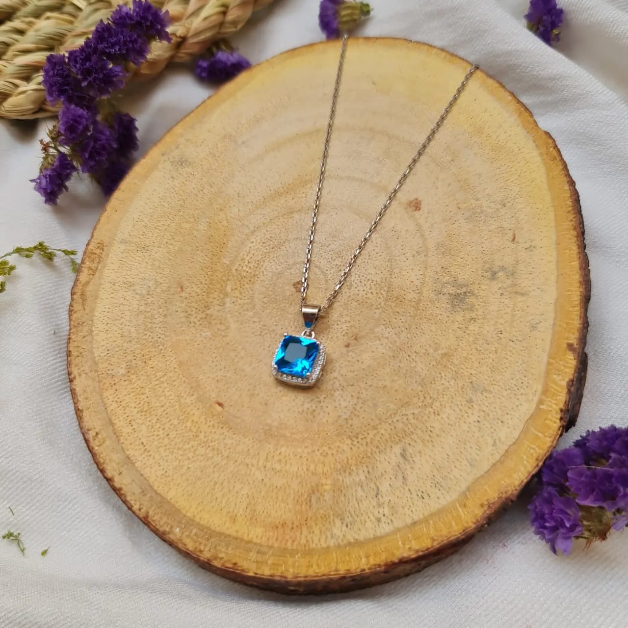 Sky Blue Zircon Stone 925 Italian Silver Necklace