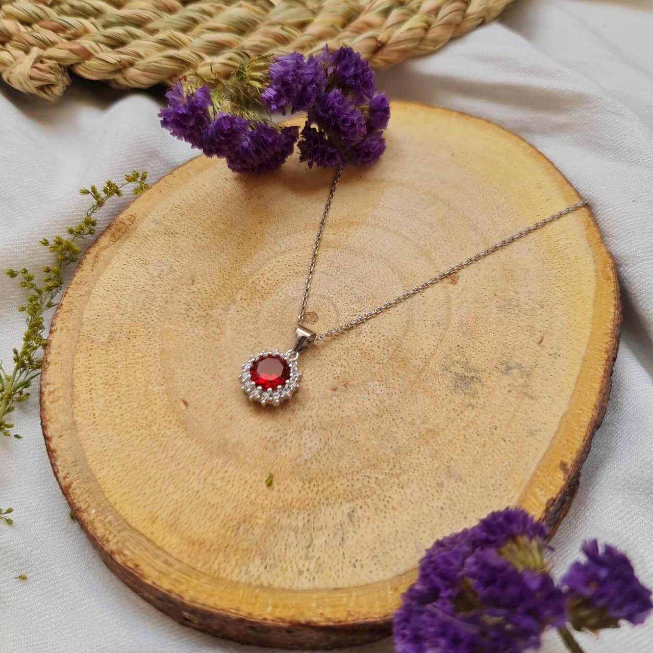 Red Zircon Stone 925 Italian Silver Necklace