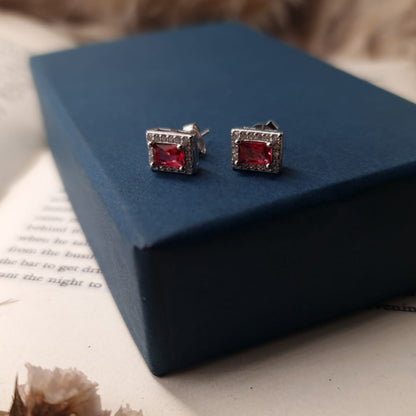 Red Stone Rectangular Earrings 925 Italian Silver