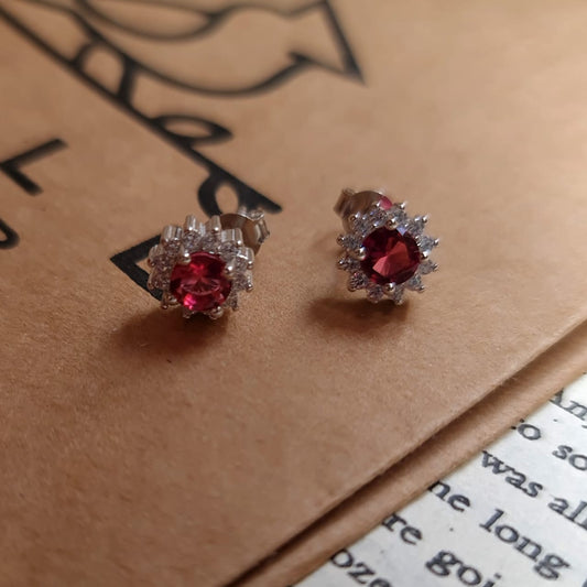 Red Stone Flower Earrings 925 Italian Silver