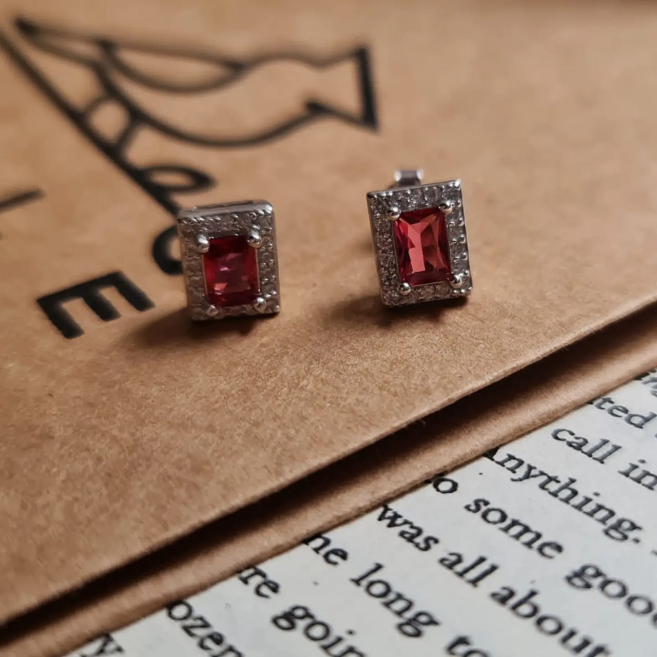 Red Stone Rectangular Earrings 925 Italian Silver